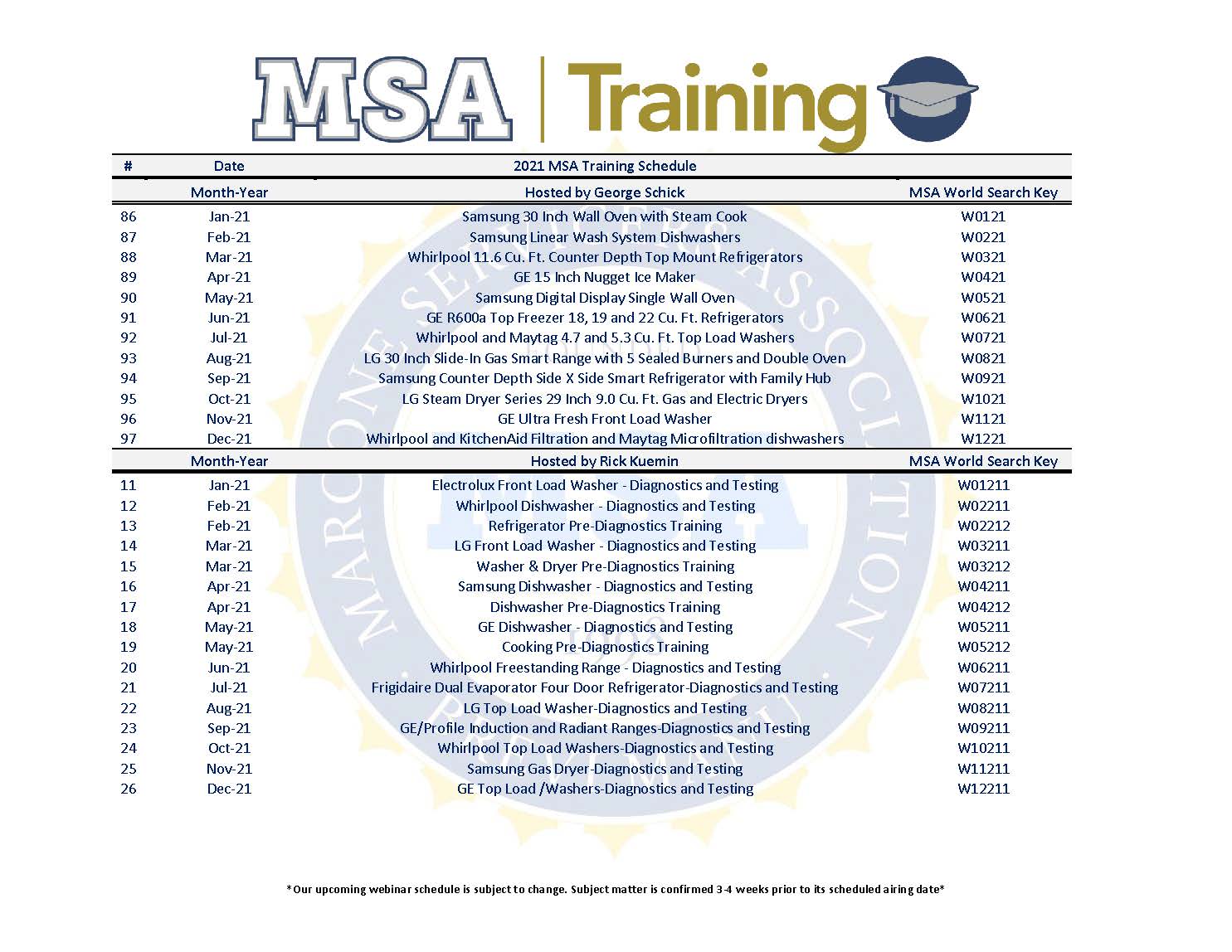 2020-2021 MSA Training Schedule - Marcone Servicers' Association